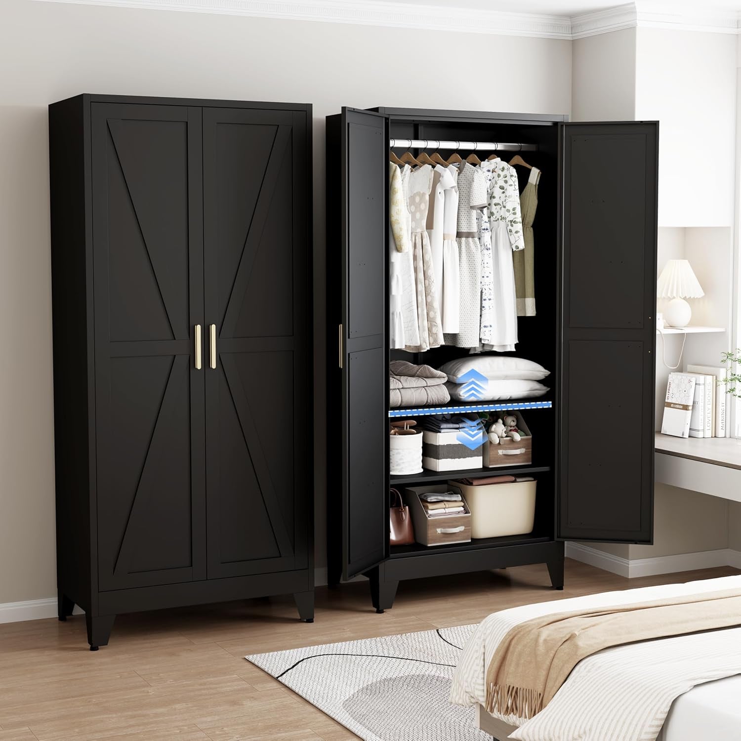 Metal Armoire Wardrobe Closet with Doors and Shelves, 71" Tall Metal Wardrobe Closet with Hanger Rod and Clothing Shelf, Black Farmhouse Bedroom Armoire Steel Storage Cabinet for Bedroom