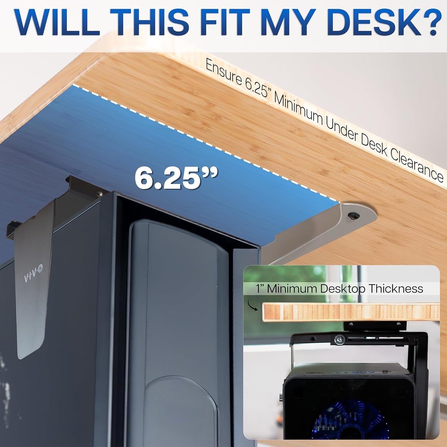 Adjustable under Desk and Wall 3.5 to 7.8 Inch Wide Office PC Mount, Computer Case CPU Machine Holder Stand with Swivel and Secure Locking, Holds 22 Lbs, Black, MOUNT-PC01