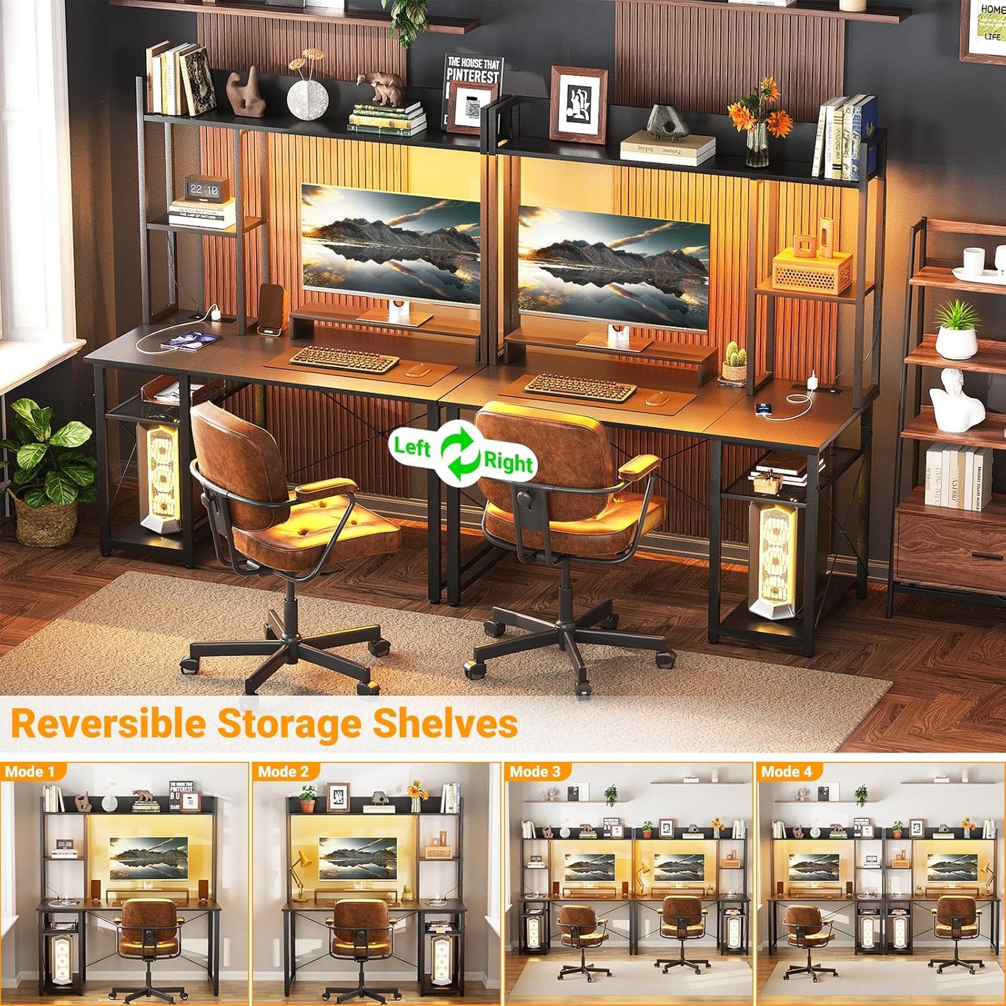Gaming Desk with Hutch, 39'' Computer Desk with LED Lights & Power Outlets, Home Office Desk with Reversible 5 Tiers Storage Shelves & Monitor Stand, Small Gaming Table for Small Space, Black