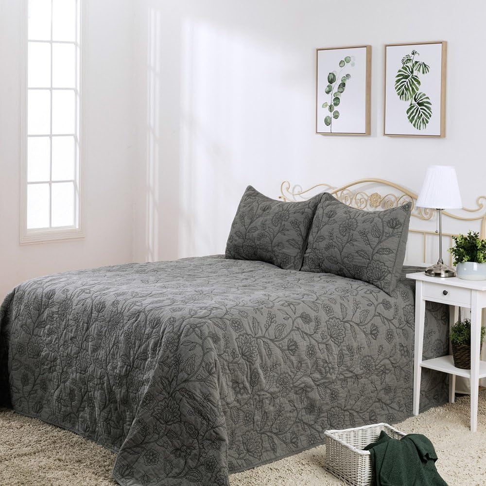 Cotton Vintage Embroidered King Pillow Sham, 20'' X 36'', Gray, 1 Piece