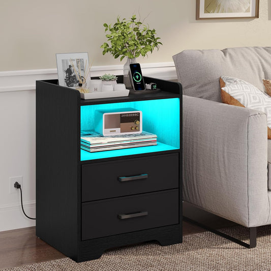 Night Stand Set of 2 with LED Lights and Charging Station, Modern Bedside End Table with 2 Fabric Storage Drawers, Black Nightstands for Bedroom