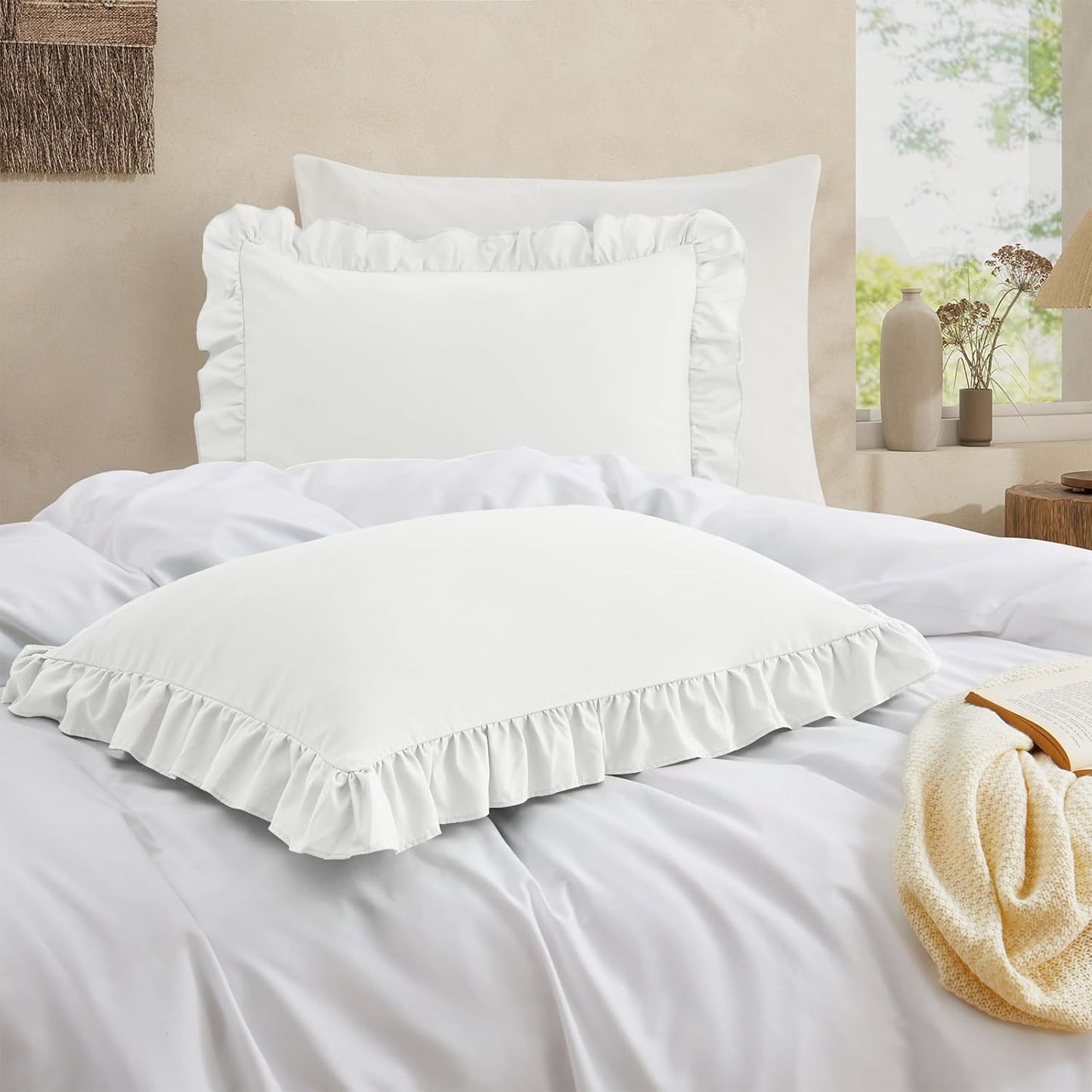Ruffled Pillow Cases Set of 2, White King Pillow Shams Brushed Microfiber Edge Ruffled Soft Pillow Cover with Envelope Closure for Bedding Decor (20"X36")