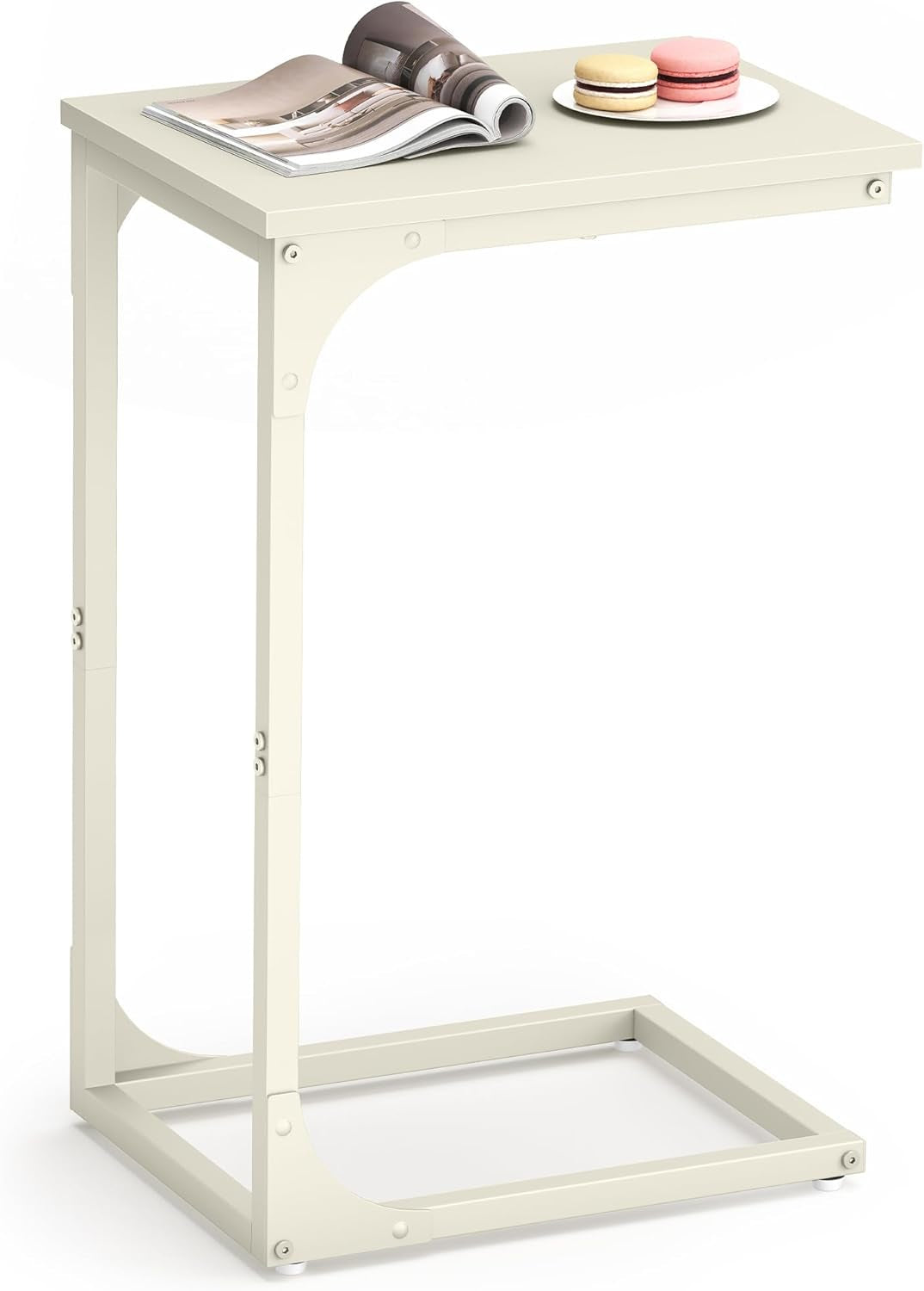 C-Shaped End Table, Small Side Table for Couch, Sofa Table with Metal Frame for Living Room, Bedroom, Bedside, Cream White