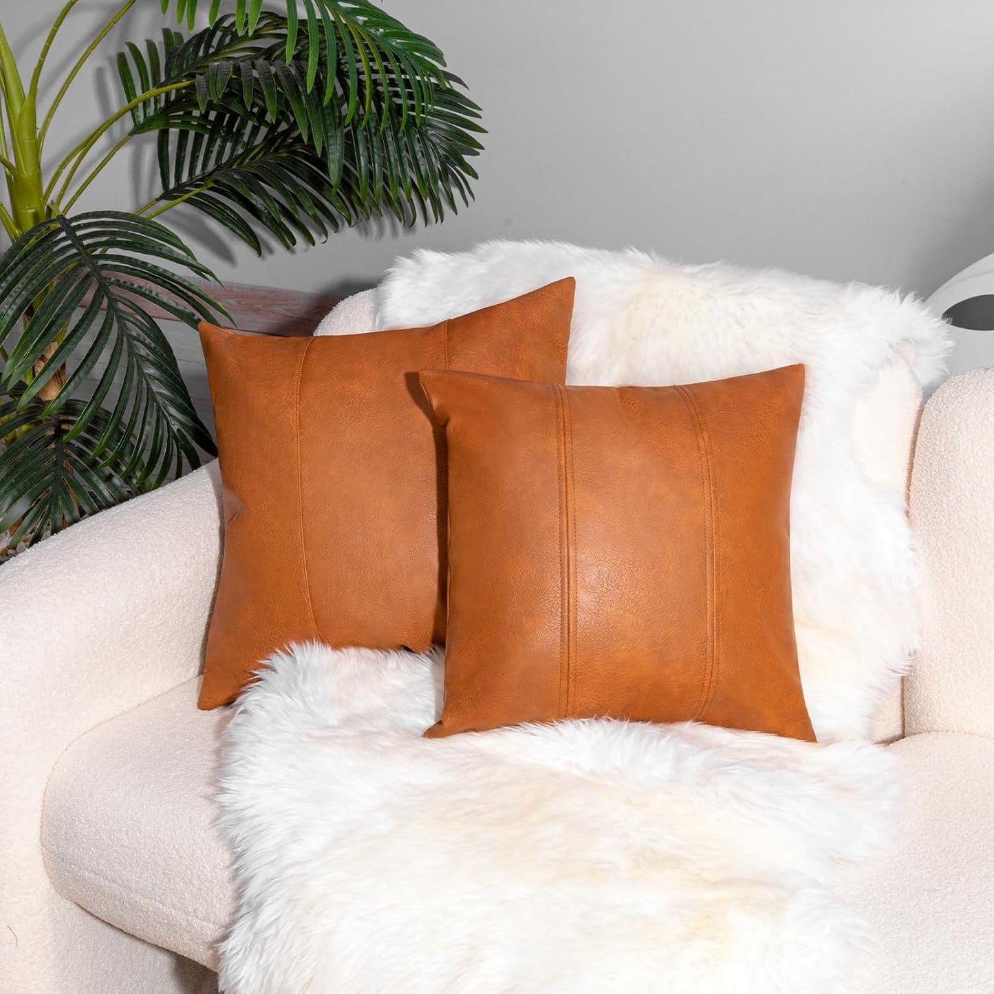 Faux Leather Throw Pillow Cover 18X18 Inch Set of 2 Brown Outdoor Modern Farmhouse Solid Decorative Pillow Covers for Room Couch Living Bedroom Bed Sofa