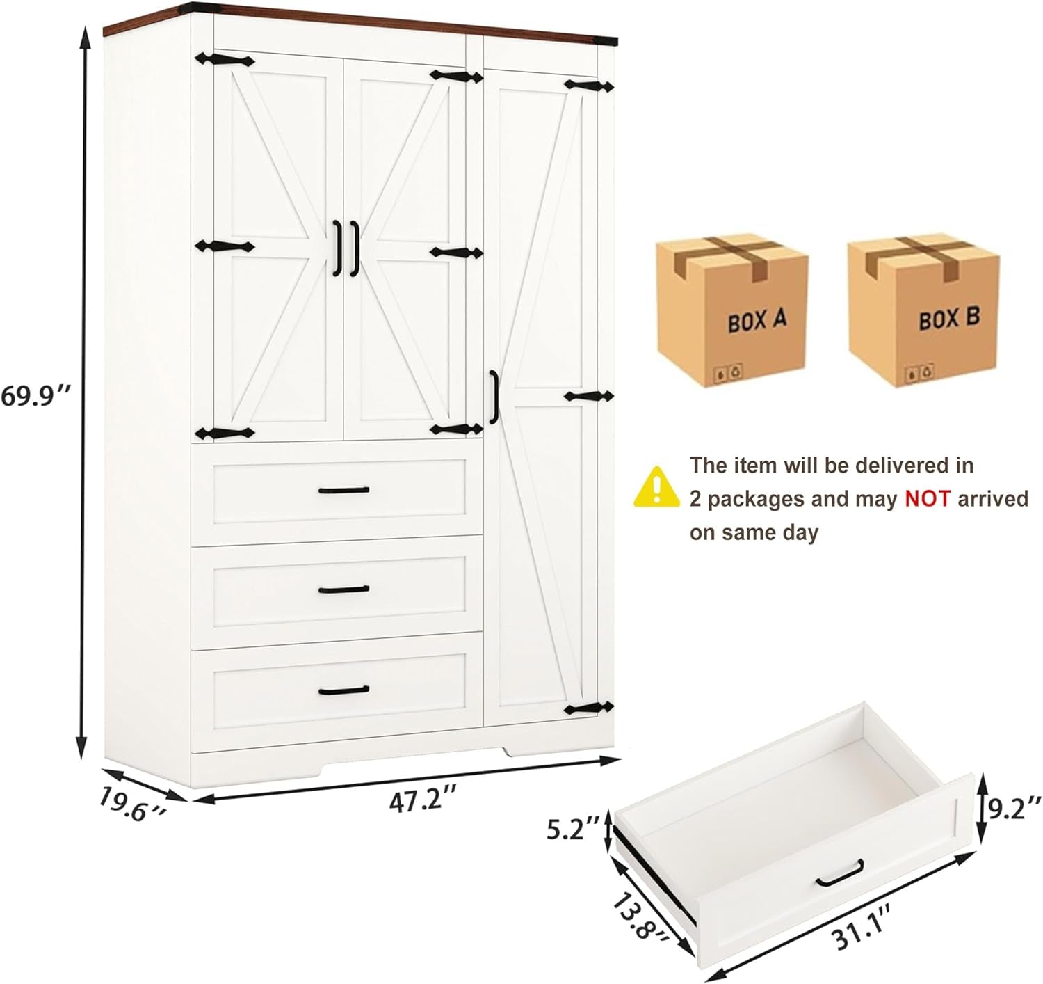 70" Tall Wardrobe Closet with 3 Doors & 3 Drawers, Farmhouse Armoire with Hanging Rod, Wooden Armoire Wardrobe Closet for Bedroom, Freestanding Clothing Storage Cabinet, White