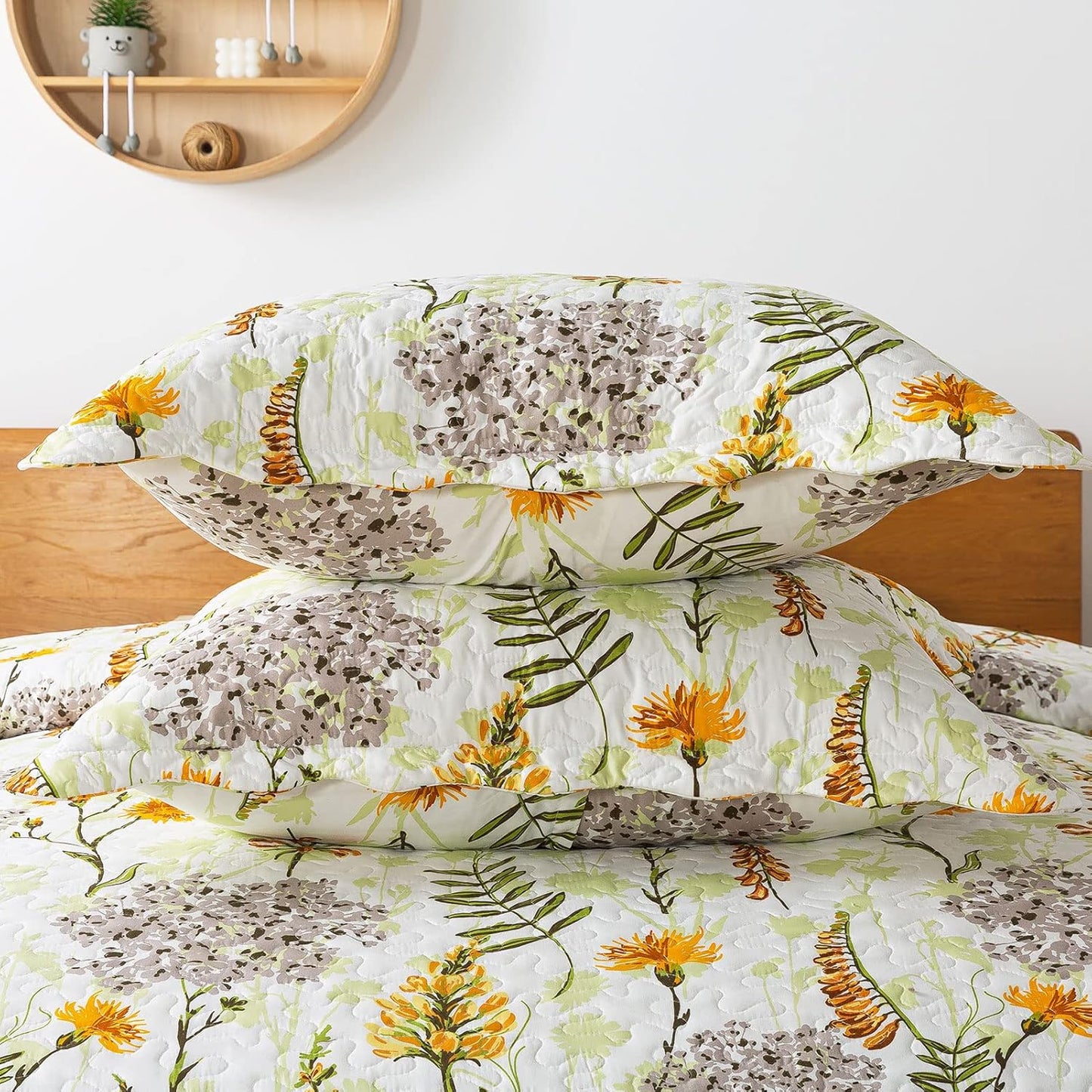 3-Piece Quilt Set Quilted Bedspread Lightweight Reversible Coverlet Set Floral Printed Oversized Quilted Bedding Set with Shams for All Season, Yellow Flower, King Size