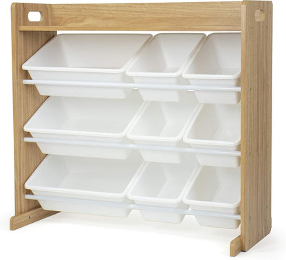 Toy Storage Organizer with Top Shelf and 9 Removable Bins, Natural/White – Toddler Bookshelf with Toy Organizer - Modern Toy Rack Ideal for Kids' Rooms, Playrooms, and Nurseries
