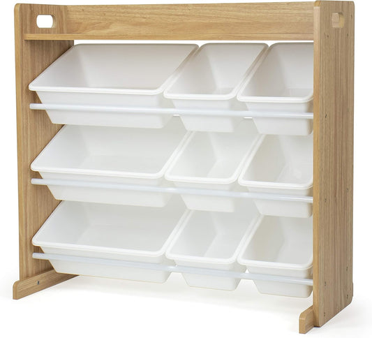 Toy Storage Organizer with Top Shelf and 9 Removable Bins, Natural/White – Toddler Bookshelf with Toy Organizer - Modern Toy Rack Ideal for Kids' Rooms, Playrooms, and Nurseries