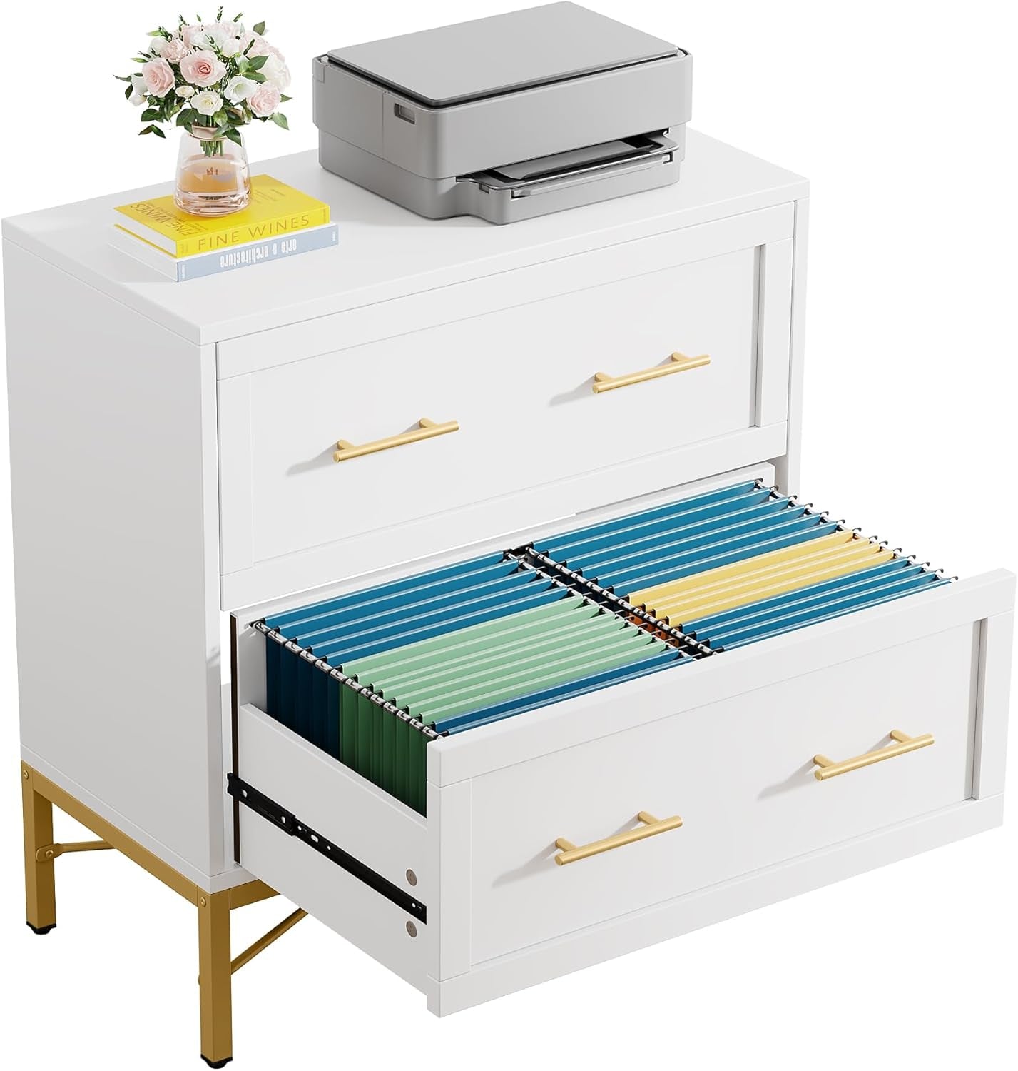 Modern White 2 Drawer File Cabinet, Lateral Filing Cabinet for Letter/Legal/A4 Size, Wood File Storage Cabinets Printer Stand with Storage for Home, Office, White and Gold