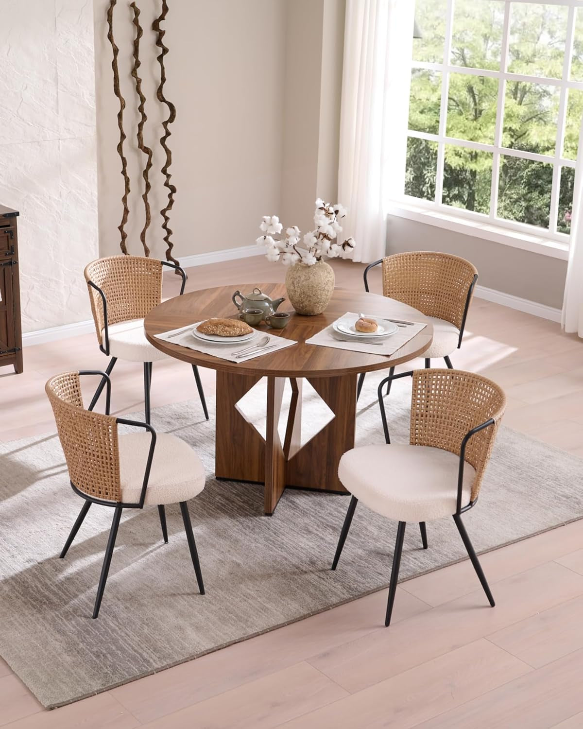 Rattan Dining Chairs Set of 4 - Farmhouse Upholstered Cane Back Kitchen Chair with Boucle Cushion, Wingback Dining Room Seat with Metal Legs for Home, Kitchen (Brown)