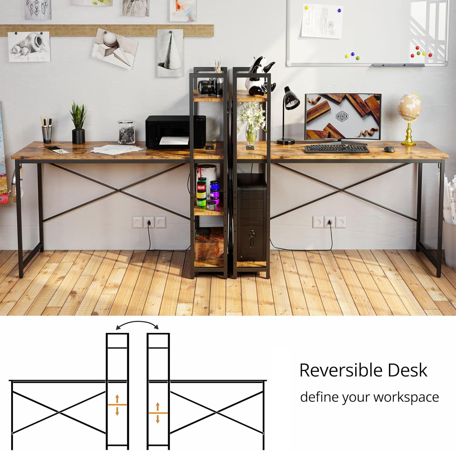 Computer Desk 55" with Power Outlet and Storage Shelves, Study Writing Table with USB Ports Charging Station, PC Desk Workstation for Home Office, Rustic Brown