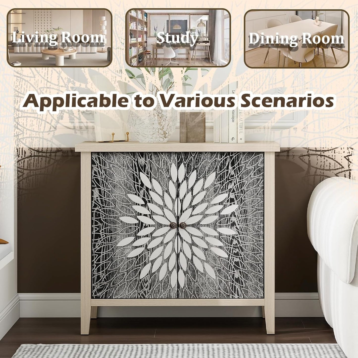 Black Accent Furniture, 32 Inch Wide 2-Door Carved Geometric Sideboard Buffet Server with Adjustable Shelves, Modern Boho Style Fluted Storage Console Table for Dining Room, Kitchen, Living Room