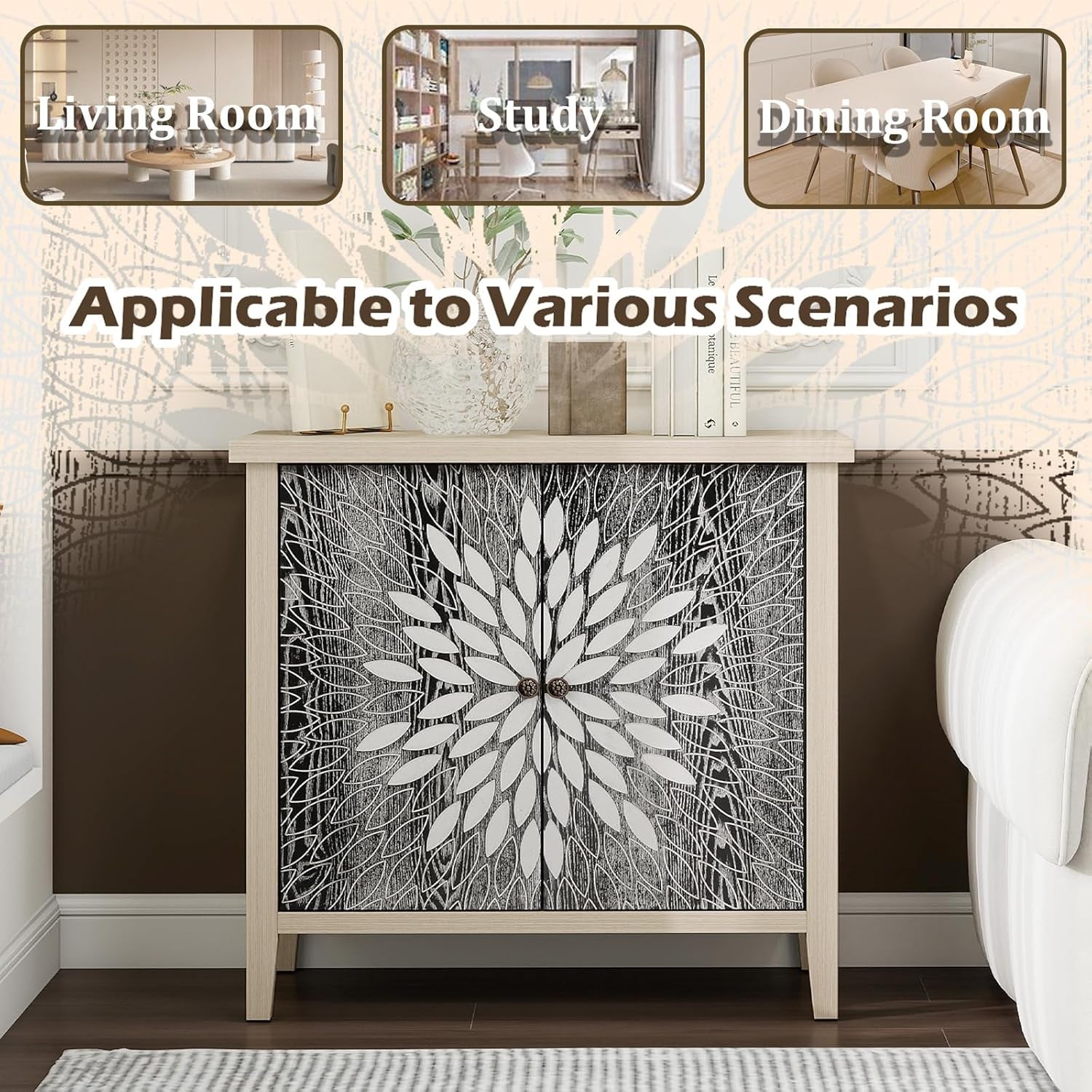 Black Accent Furniture, 32 Inch Wide 2-Door Carved Geometric Sideboard Buffet Server with Adjustable Shelves, Modern Boho Style Fluted Storage Console Table for Dining Room, Kitchen, Living Room