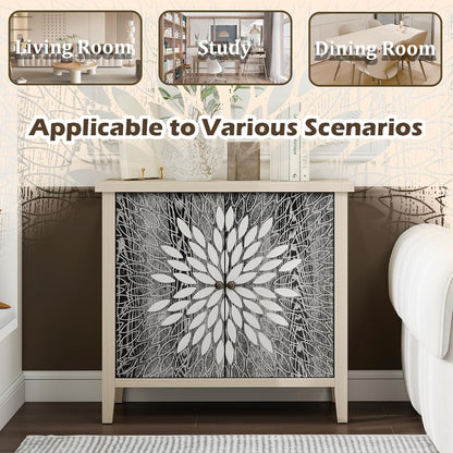 Black Accent Furniture, 32 Inch Wide 2-Door Carved Geometric Sideboard Buffet Server with Adjustable Shelves, Modern Boho Style Fluted Storage Console Table for Dining Room, Kitchen, Living Room