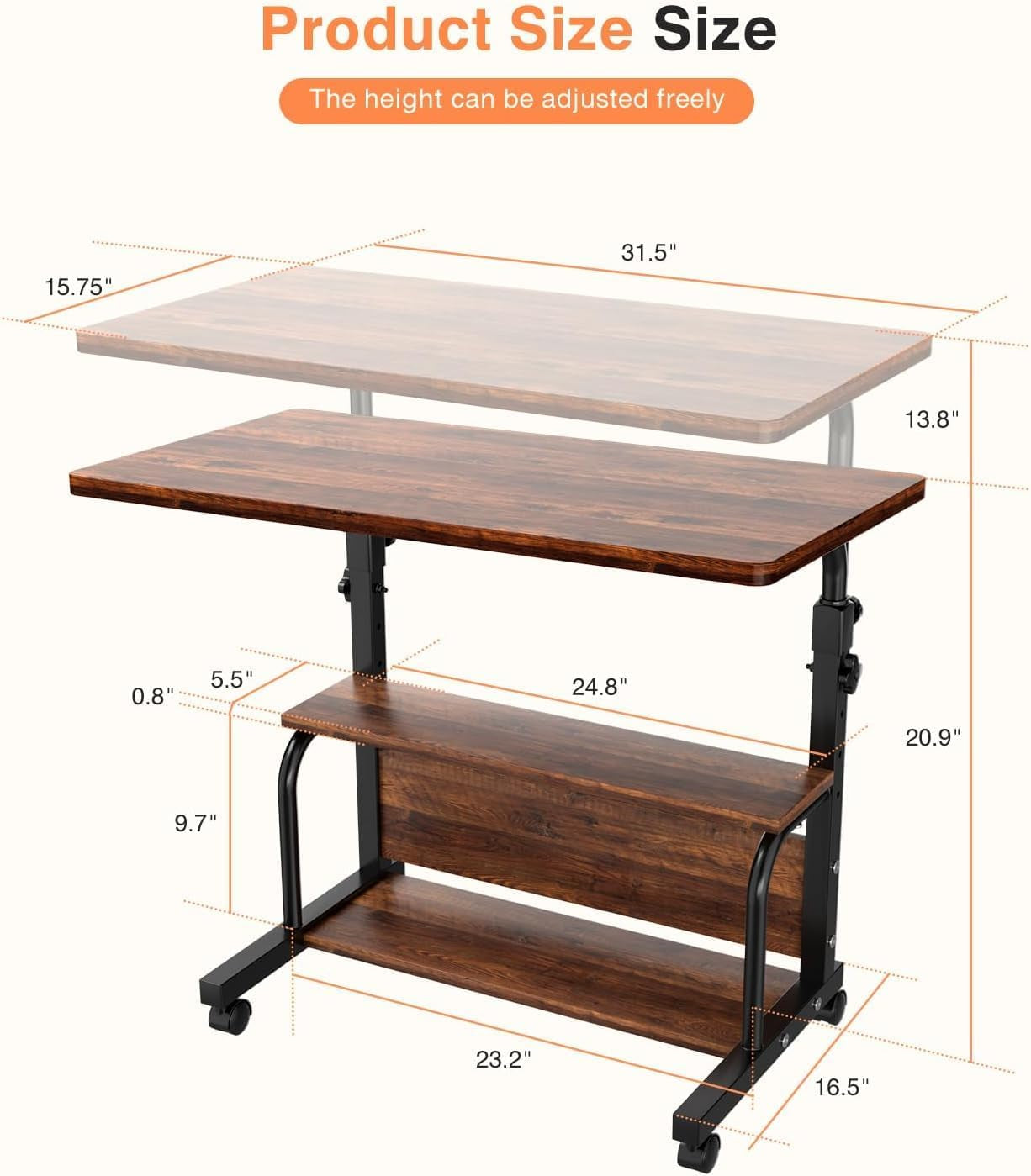 Portable Rolling Desk on Wheels Adjustable Height Desks for Small Spaces, 32" Computer Desk Drafting Tables with Storage Shelves for Home Office Rustic