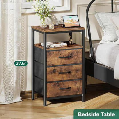 Nightstand with Charging Station, 27.6 Inch Bedside Table with Fabric Drawers, End Table with USB Ports and Outlets, Night Stand for Bedroom, Rustic Brown
