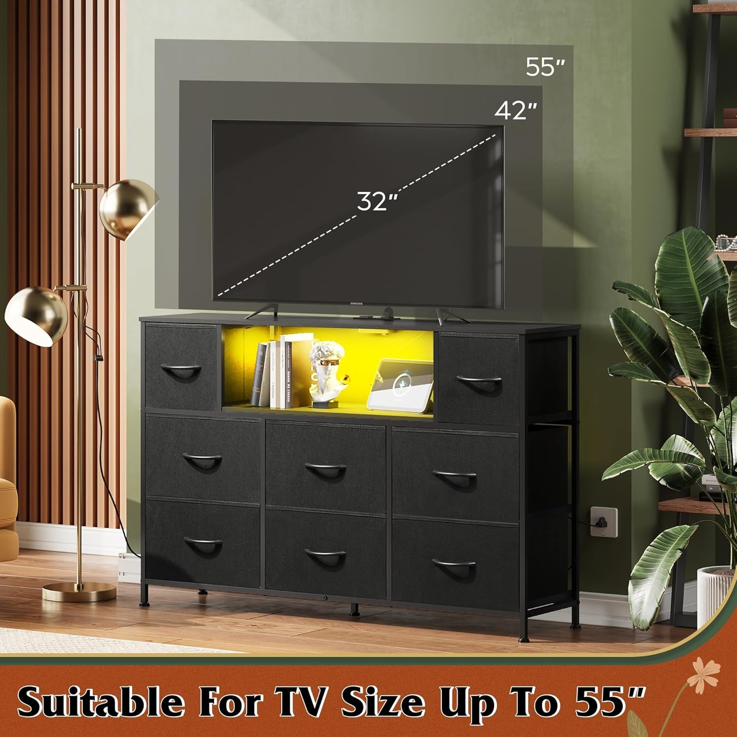 Black TV Stand for 45, 50, 55 Inch TV, Entertainment Center with LED Lights & Charging Station, TV Media Console Table with 8 Fabric Drawers and Open Shelves for Living Room, Hallway, Wood Top