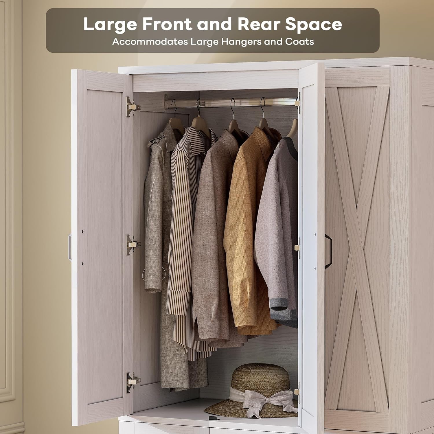 Wardrobe Closet with 5 Cabinet Doors and 3 Drawers, Large-Capacity Deep Armoire for Bedroom with 3 Side Hooks, Hanging Rod and anti - Tip Kit, White