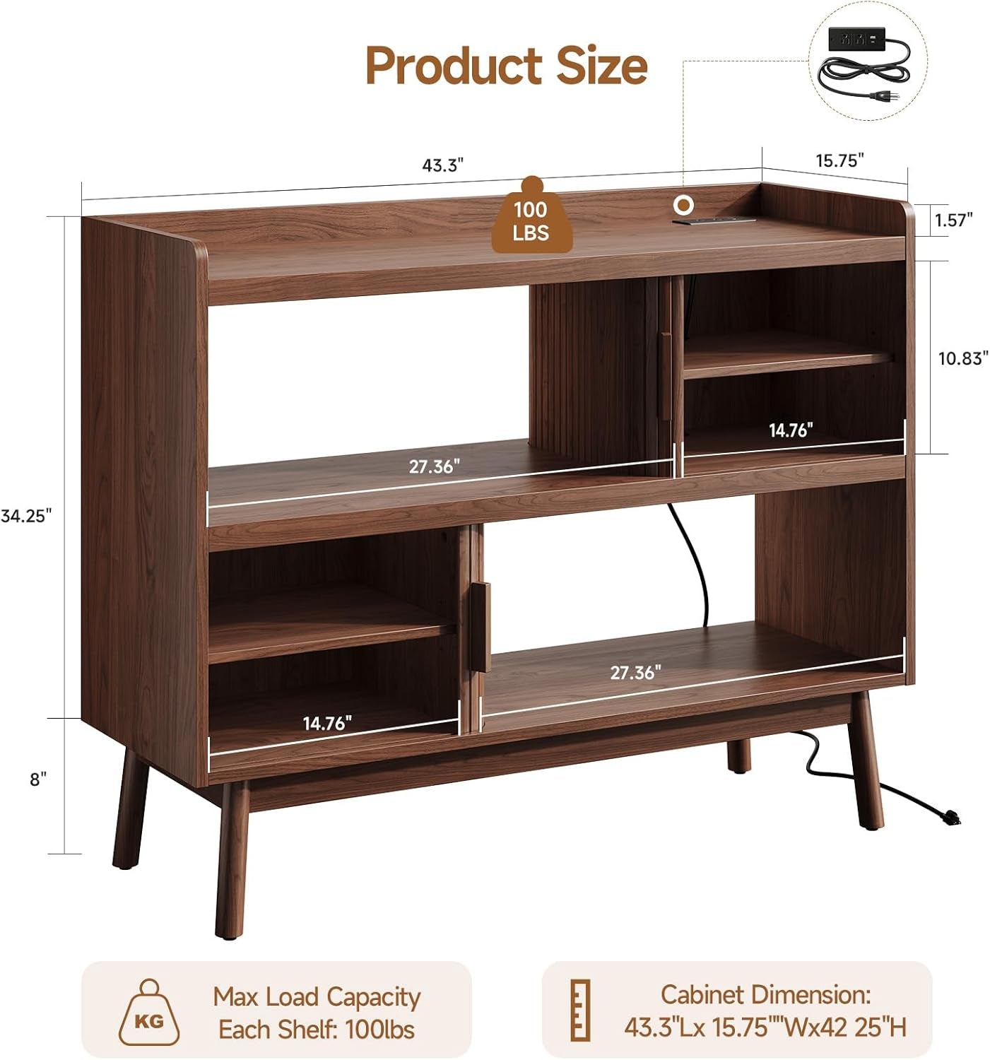 44" Sideboard Buffet Cabinet with Outlet & 2 Open Storage Spaces, Fluted Sideboard Cabinet with Sliding Door & Adjustable Shelves, Mid-Century Accent Coffee Bar Console Table with Wooden Feet