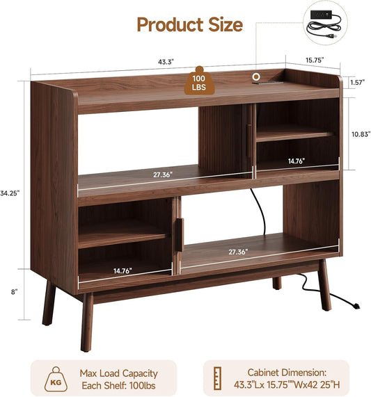 44" Sideboard Buffet Cabinet with Outlet & 2 Open Storage Spaces, Fluted Sideboard Cabinet with Sliding Door & Adjustable Shelves, Mid-Century Accent Coffee Bar Console Table with Wooden Feet