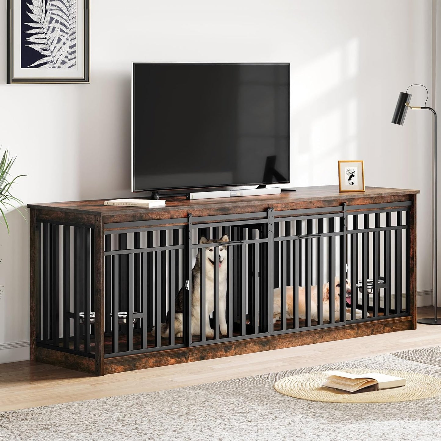 55 Inch Large Dog Crate Furniture, Heavy Duty Wooden Dog Crate TV Stand with 2 Dog Bowls, Metal Dog Kennel Indoor Furniture Sliding Barn Door Design for Extra Large Dogs, Black Oak