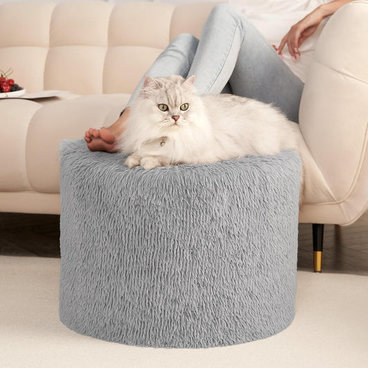 round Pouf Ottoman Foot Rest, 17 X 14 Small Faux Fur Stuffed Pouf for Chair, Foam Filled Foot Stools Ottomans for Living Room, Grey