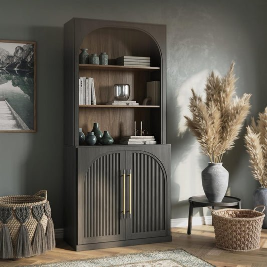 72" Tall Storage Cabinet with Hutch, Modern Wood Sideboard with Arched Doors and 3-Tier Shelves, Display Curio Cabinet for Kitchen, Dining Room, Living Room, or Office, Ebony