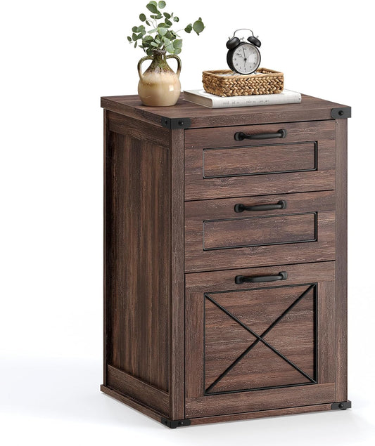 File Cabinet, Filing Cabinet with 3 Drawers, Printer Stand, Fit A4, Letter Size, Hanging File Folders, Modern Farmhouse Style, for Home Office, Maroon Brown UOFC054K02
