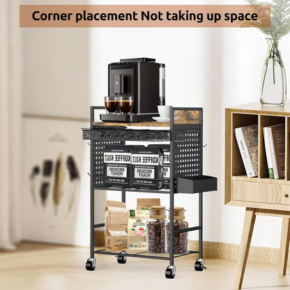 Compact Coffee Bar Cabinet with Power Outlet, Lockable Wheels, and Storage Drawer - Rustic Brown & Black for Office, Living Room, or Small Spaces