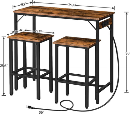 Bar Table and Chairs Set, 39.4" Dining Table Set with Power Outlet, 3-Piece Pub Table Set, Kitchen Bar Height Table with Stools of 2, Space Saving for Living Room, Rustic Brown BF45UBT01