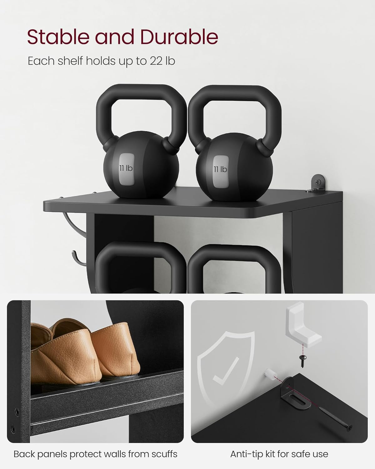7-Tier Vertical Shoe Rack, Narrow Shoe Storage Organizer with Hooks, Slim Corner Shoe Tower Rack, Space Saving for Entryway and Bedroom, Black ULBS200T16