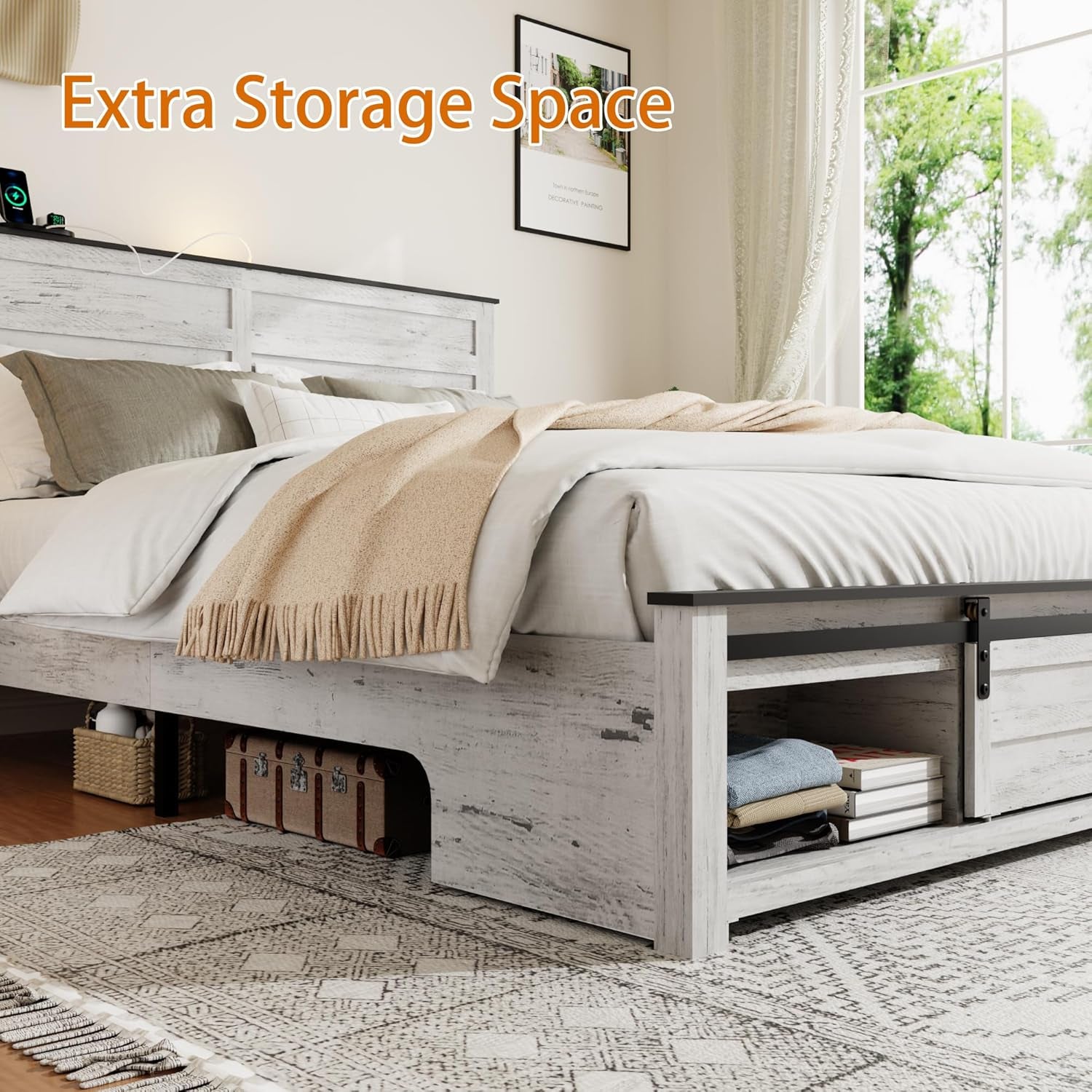Wooden Queen Size Bed Frame with Headboard, Boho White Farmhouse Storage Bedframe with Sliding Barn Door Footboard and Charging Station, Solid Wood Slats, No Box Spring Needed