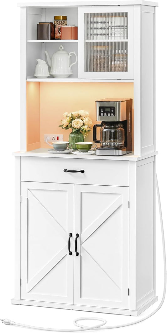 71" Kitchen Pantry Cabinet with Lights and Charging Station, Coffee Bar Cabinet with Doors and Drawer, Farmhouse Style, Adjustable Shelves, Cloud White UBBK363W11