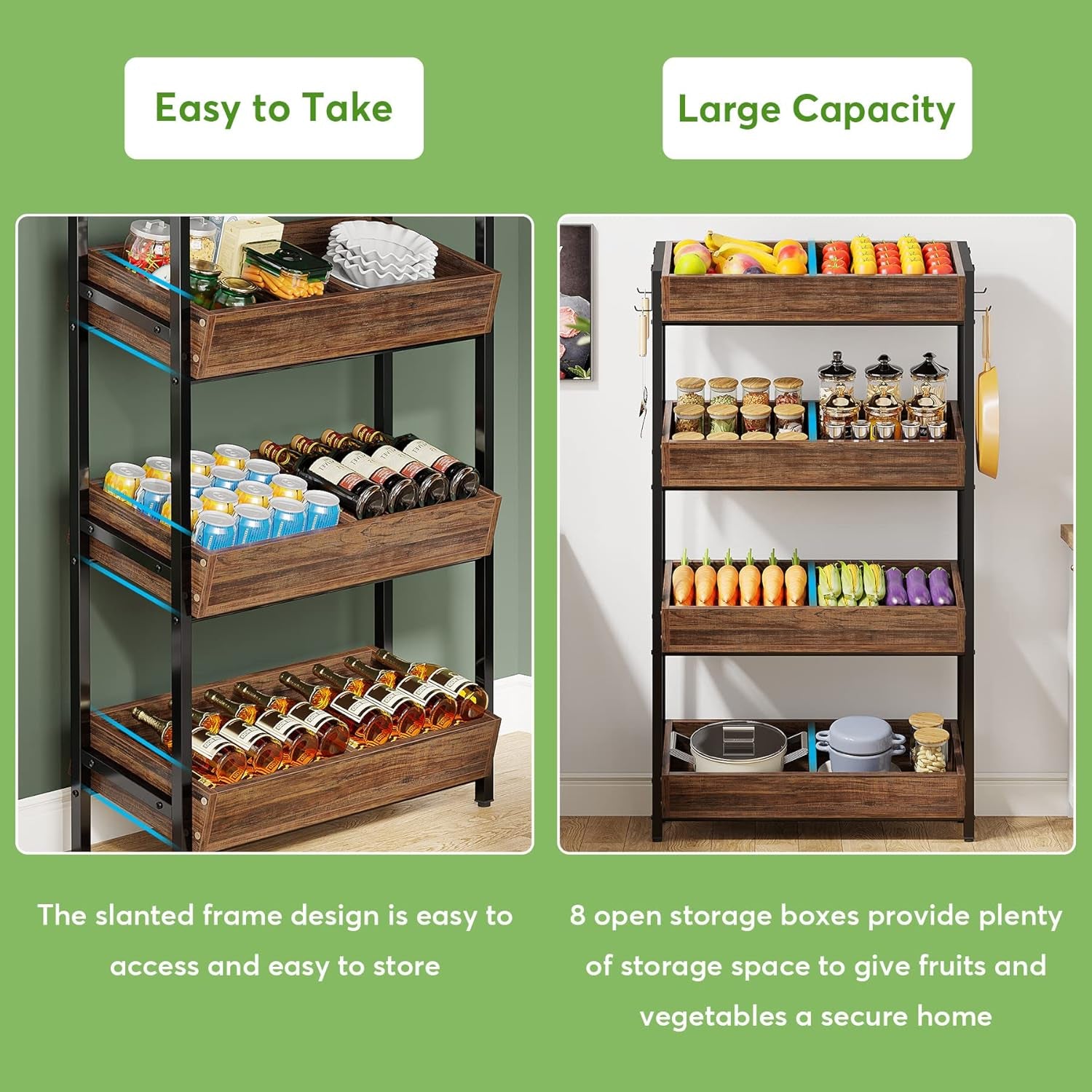 Wood Fruit and Vegetable Basket Stand Rack for Kitchen, Office, Store, Supremarket, Pantry Shelf Unit for Snacks, 4-Tier Wooden Utility Storage Shelves (Brown+Black)