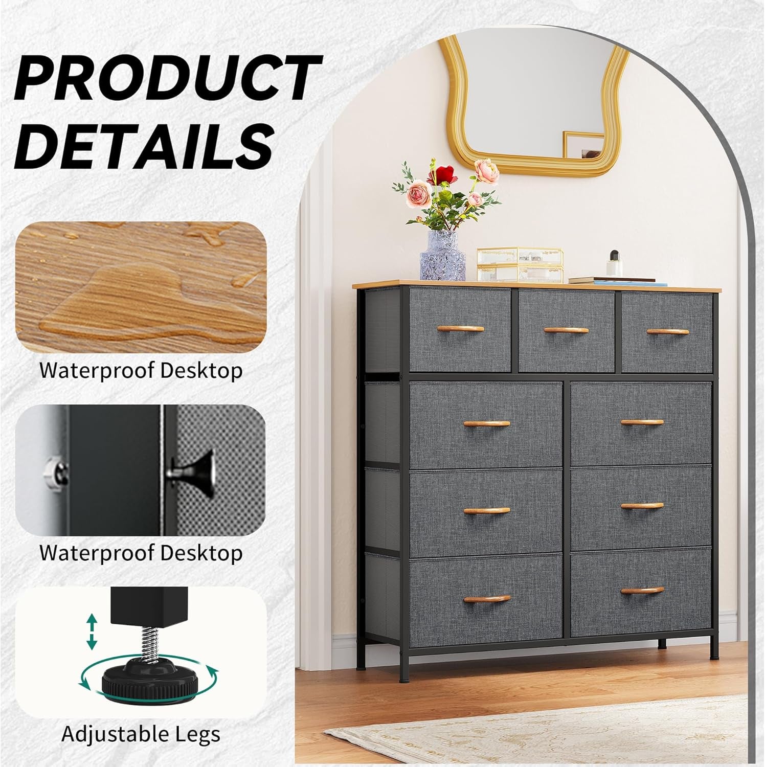 Dresser for Bedroom with 9 Drawers, Fabric Storage Dresser, Closet & Chest of Drawers for Living Room, Closets - Sturdy Steel Frame, Wooden Top & Easy Pull Fabric Bins(Dark Grey)