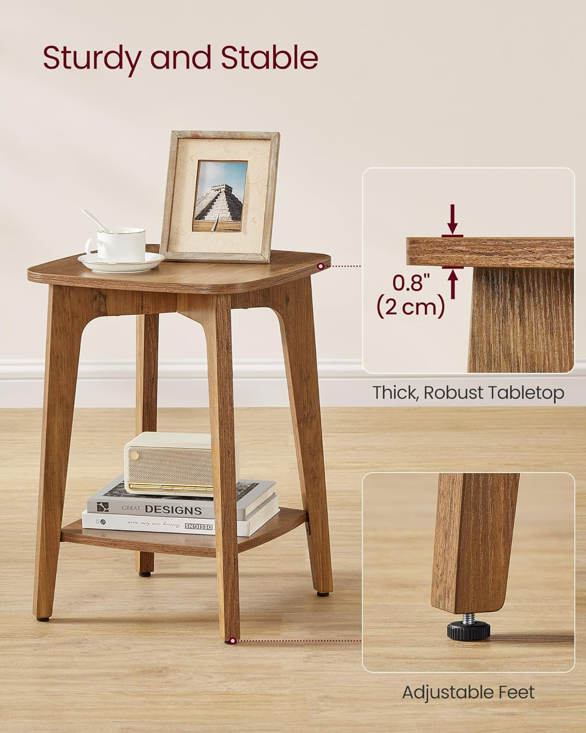 Side Table, Small Square End Table with Lower Shelf, Nightstand for Small Spaces, Living Room, Bedroom, Honey Brown ULET236K01