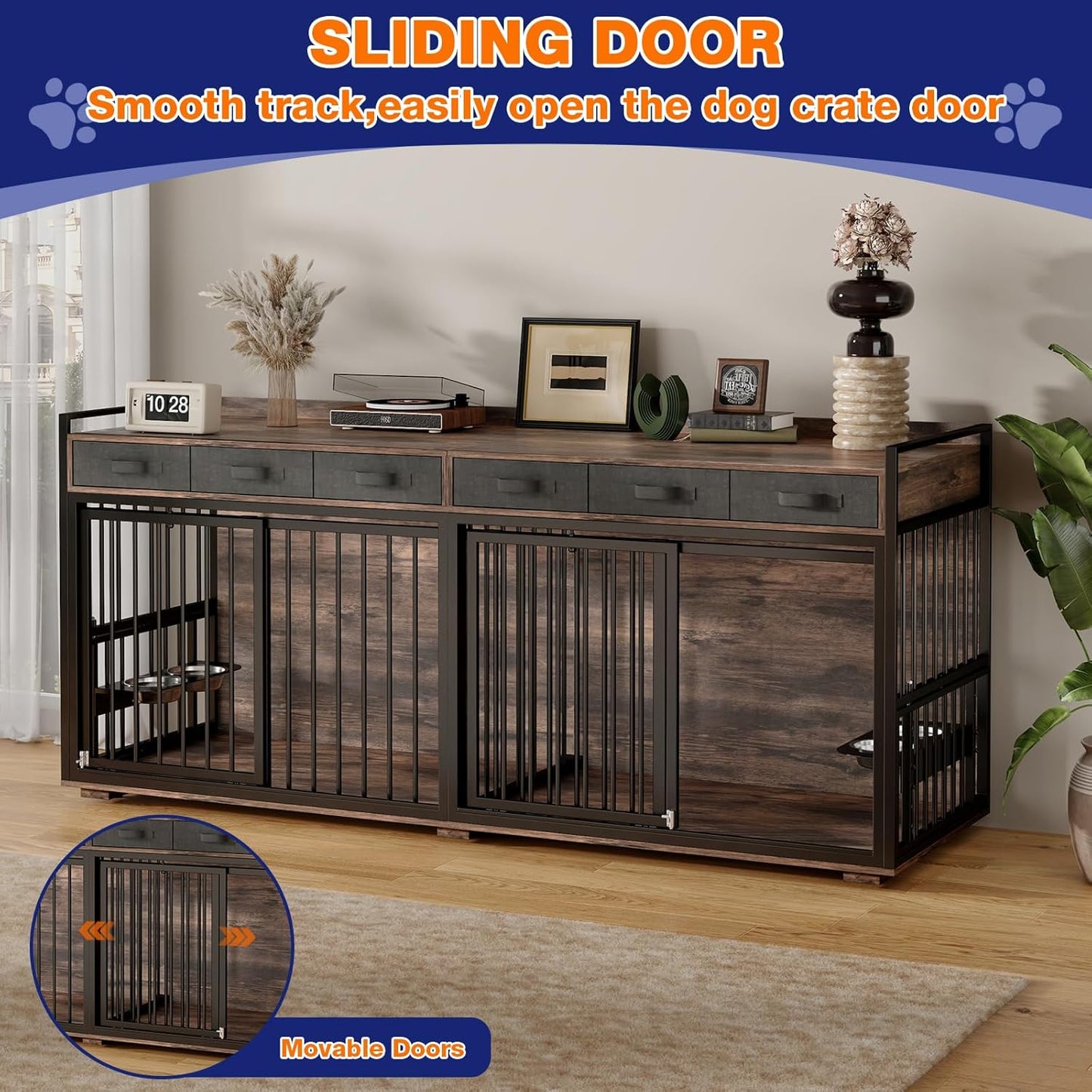 86.6" Large Dog Crate Furniture,Chew-Proof Metal Frame Wooden Double Dog Kennel TV Stand Table with Rotatable Dog Feeder Bowls and Drawers for 2 Dogs Indoor,Rustic Brown