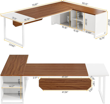 70.8" L-Shaped Executive Desk with 55" File Cabinet, Large Home Office Computer Desk with Storage Shelves and Cabinet, Modern Business Furniture Set Home Office, Walnut White