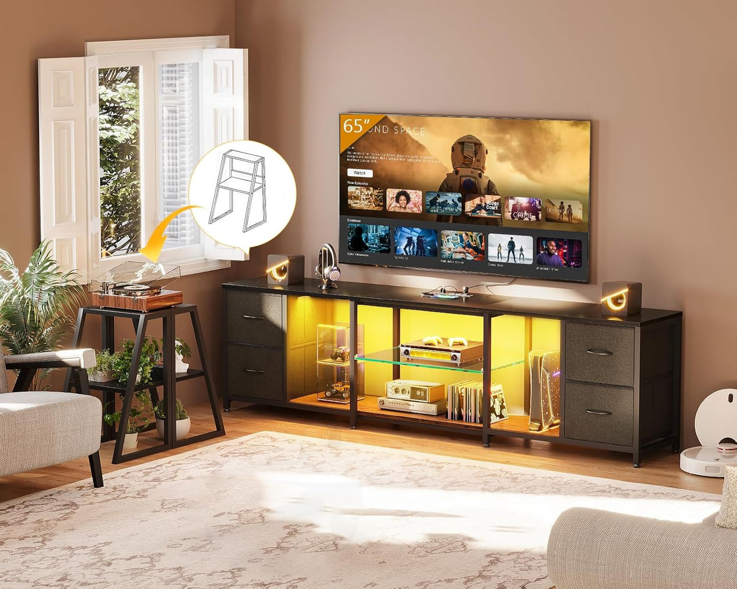 TV Stand for 40-60 Inch Tvs, Entertainment Center with LED Lights & Power Outlets, 4 Drawer Modern TV Media Console and Bookshelf TV Stand Combo for Living Room Bedroom, Black