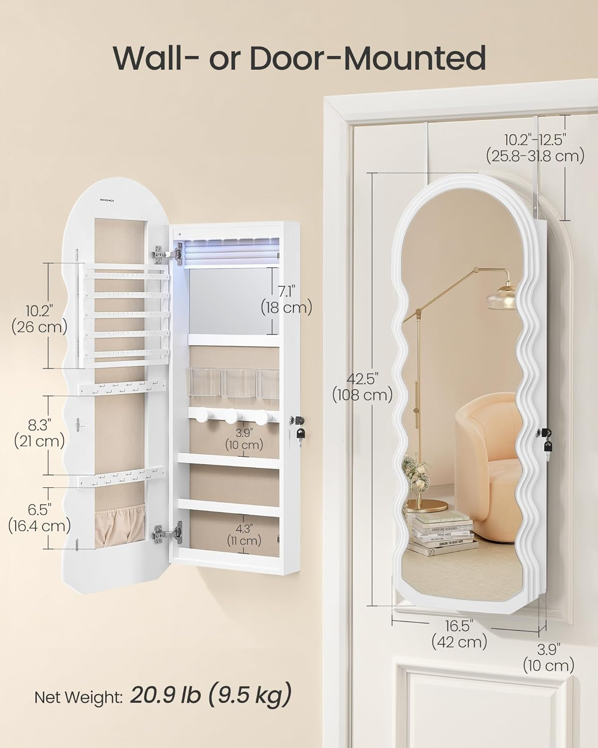 Mirror Jewelry Cabinet Wall Mounted over the Door, Hanging LED Jewelry Organizer, Lockable Wavy Wide Mirror with Storage, Interior Lights, 3.9 X 16.5 X 42.5 Inches, White UJJC031W01