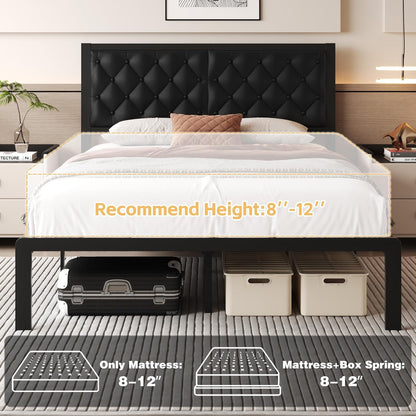 Queen Bed Frame with Headboard PU Leather Upholstered Bed Frame Platform,All Metal Slats Support Platform Bed Frame with Storage Space,Easy Assembly,Noise Free,No Box Spring Needed,Black