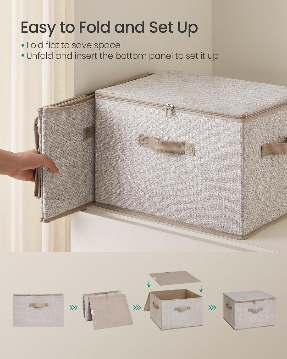 Foldable Storage Organizer Boxes, Set of 3 Storage Basket Bins with Lids, Handles, Clothes Organizer, 15.7 X 11.8 X 9.8 Inches, Non-Woven Fabric, Summer Sand URZB003K01