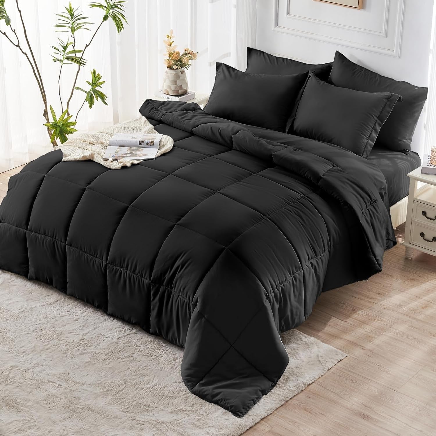 Queen Comforter Set, Ultra-Soft Bed in a Bag Queen Size 7 Pieces, Oeko-Tex Certified Bedding Set with down Alternative Comforter, Sheets, Pillowcases & Shams, Black