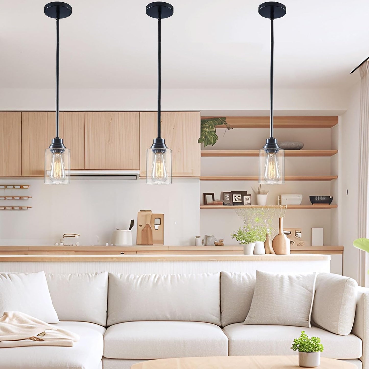 Modern Glass Pendant Lights Kitchen Island 2 Pack, Adjustable Height Black Pendant Lights - Hanging Lights for Bedroom, Dining Room, Living Room, Kitchen & Hallway
