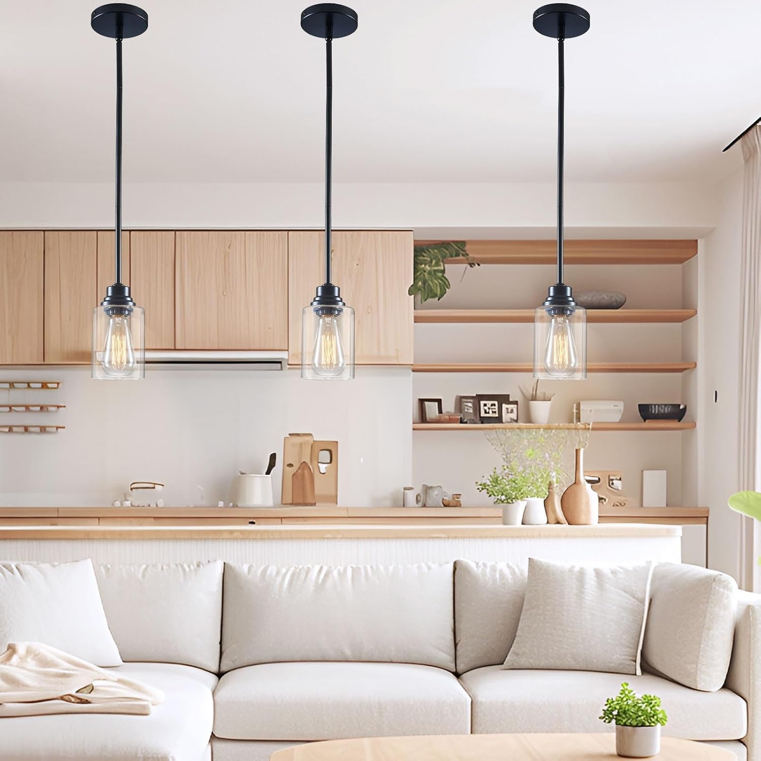 Modern Glass Pendant Lights Kitchen Island 2 Pack, Adjustable Height Black Pendant Lights - Hanging Lights for Bedroom, Dining Room, Living Room, Kitchen & Hallway