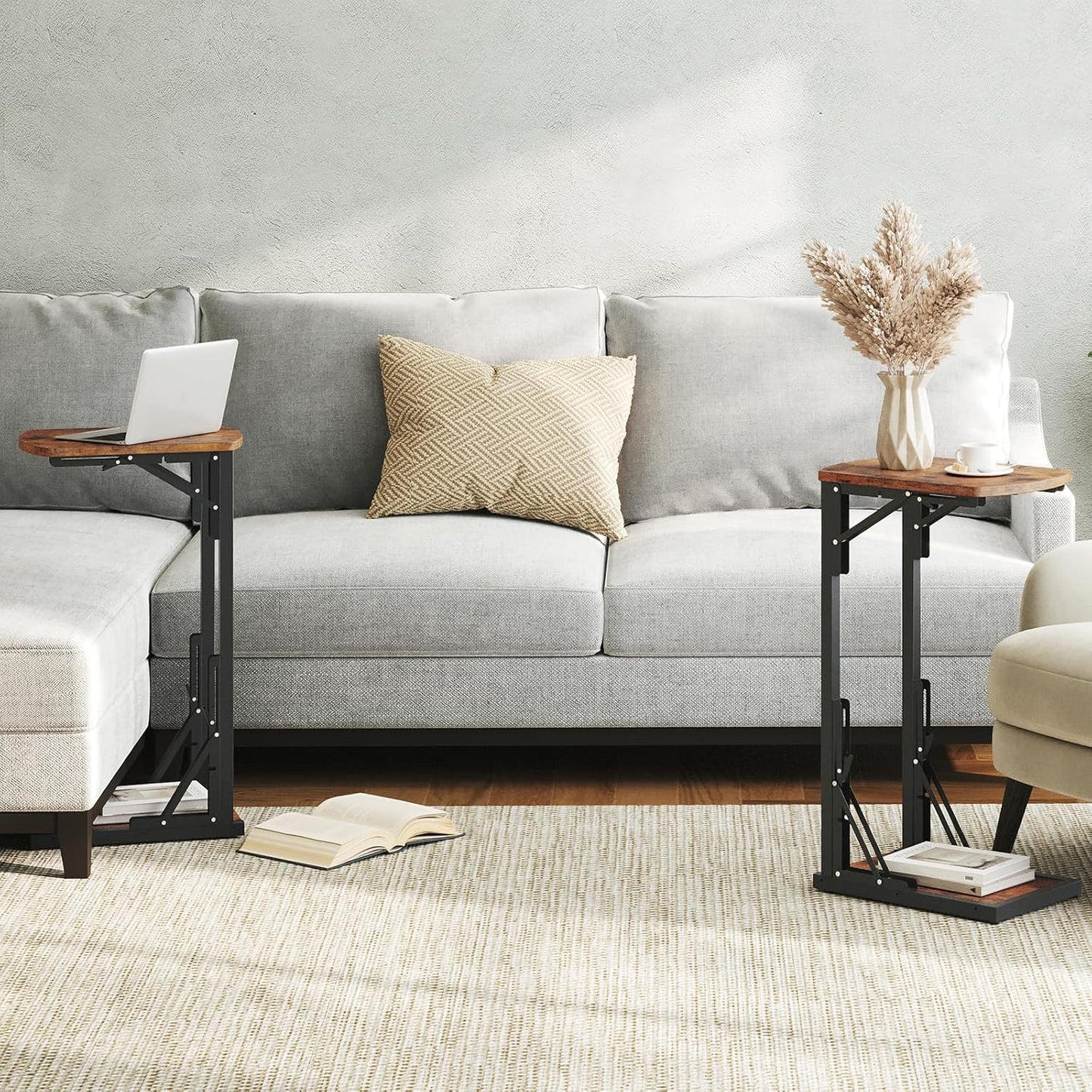 Folding C-Shaped End Table, Side Table for Couch, TV Tray Table for Small Spaces, Small Couch Side Table That Slide under Sofa Bed, Living Room, Bedroom, Bedside, Rustic Brown ETHR4101