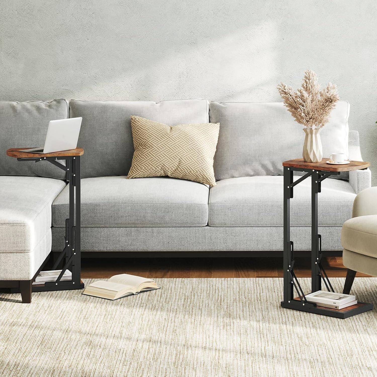 Folding C-Shaped End Table, Side Table for Couch, TV Tray Table for Small Spaces, Small Couch Side Table That Slide under Sofa Bed, Living Room, Bedroom, Bedside, Rustic Brown ETHR4101