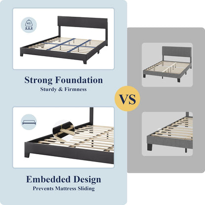 King Size Bed Frame with Adjustable Headboard, Faux Leather Platform Bed with Wood Slats, Heavy Duty Mattress Foundation, No Box Spring Needed, Noise-Free, Easy Assembly, Black