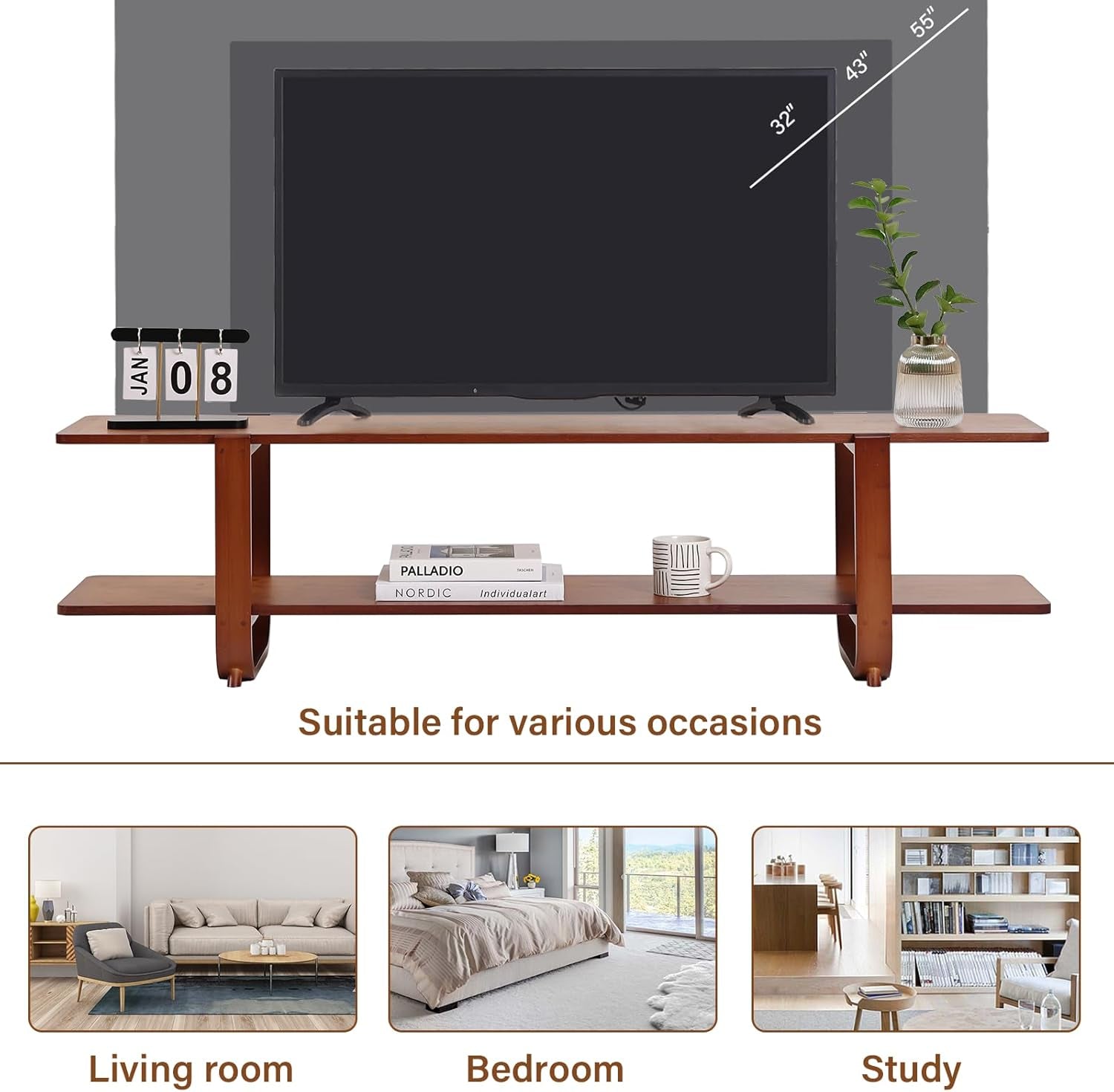 TV Stand with Storage for Tvs up to 65'', Bamboo TV Console Entertainment Center with 2 Open Shelf, Mid Century Modern Media Console for Living Room, Bedroom, Walnut