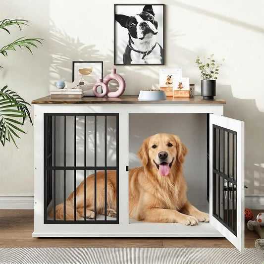 Dog Crate Furniture, 40" Heavy Duty White Wooden Kennel with Liftable Top Panel, Decorative Pet House End Table TV Stand for Extra Large XL Medium Small Dogs